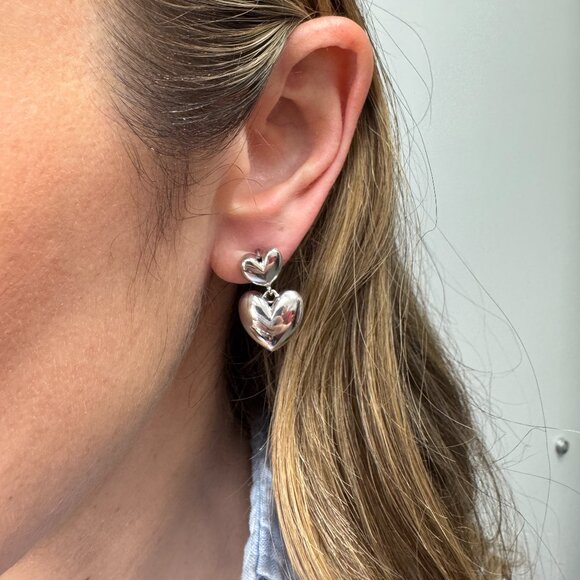 Puffy Heart Drop Earrings | Double Heart Design | High-Shine Sterling Silver - Picture 1 of 4